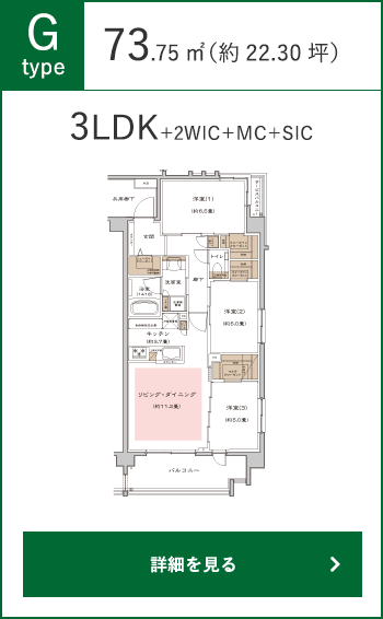 Gタイプ（3LDK+WIC+N）73.75㎡（約22.30坪）の詳細をみる