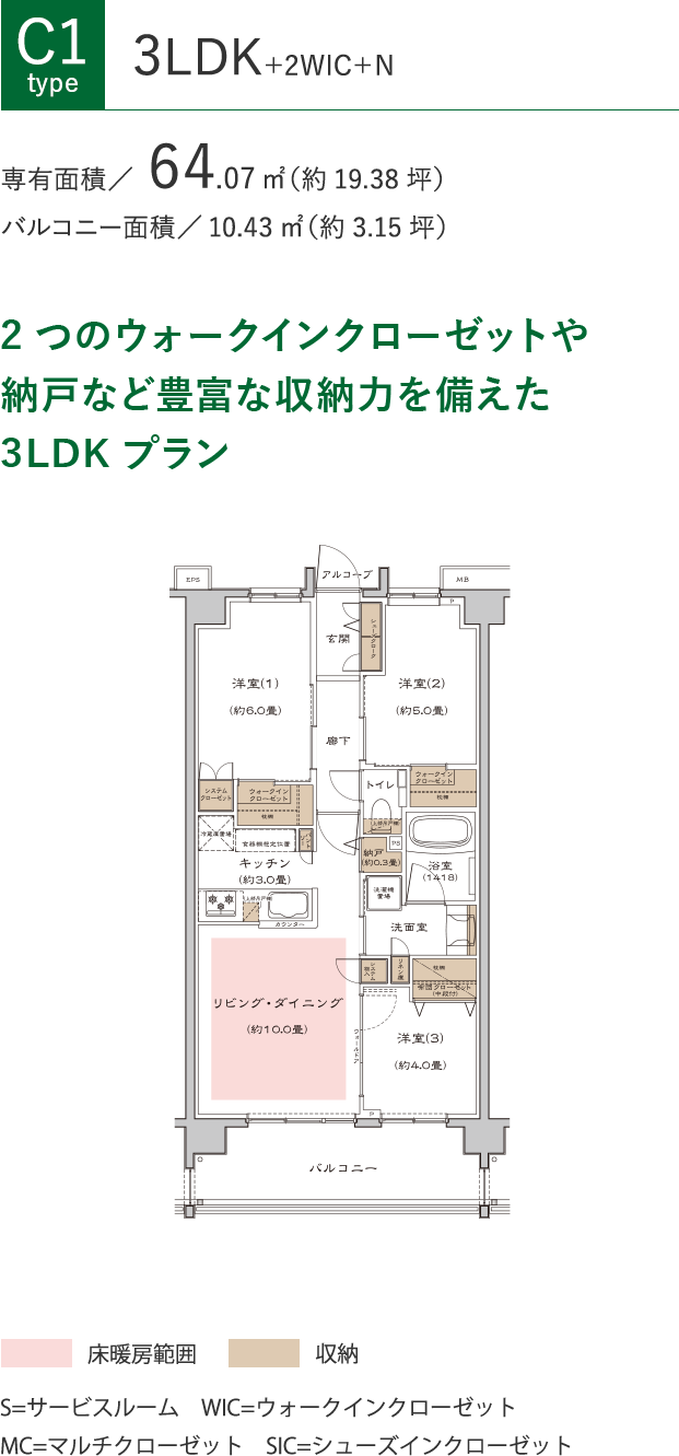 [C1タイプ]3LDK+2WIC+N、専有面積64.07㎡（約19.38坪）、バルコニー面積10.43㎡（約3.15坪）。2つのウォークインクローゼットや納戸など豊富な収納力を備えた3LDKプラン