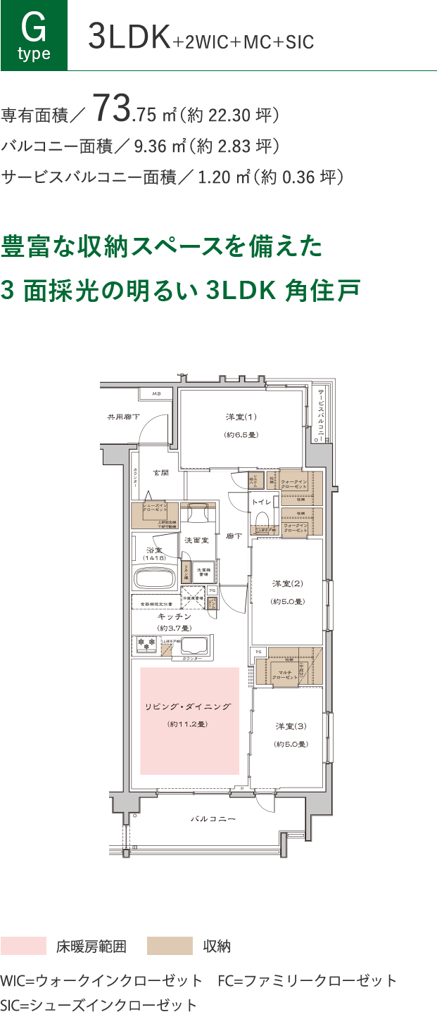 [Gタイプ]3LDK+2WIC+MC+SIC、専有面積73.75㎡（約22.30坪）、バルコニー面積9.36㎡（約2.83坪）、サービスバルコニー面積1.20㎡（約0.36坪）。豊富な収納スペースを備えた3面採光の明るい3LDK角住戸