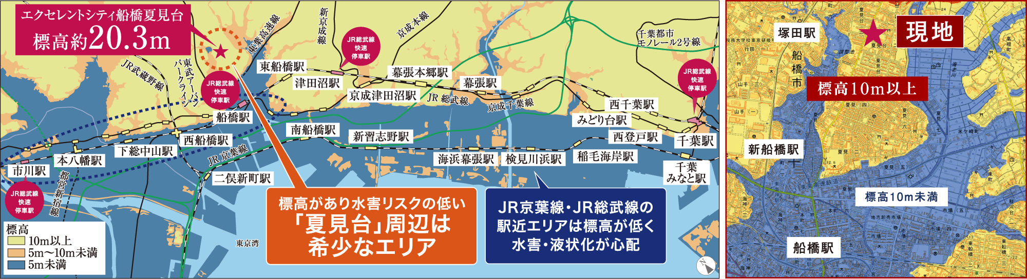 標高があり水害リスクの低い「夏見台」周辺は希少なエリア