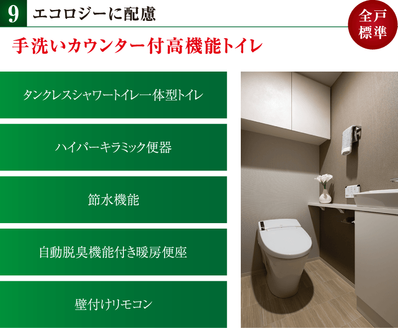 エコロジーに配慮 手洗いカウンター付高機能トイレ