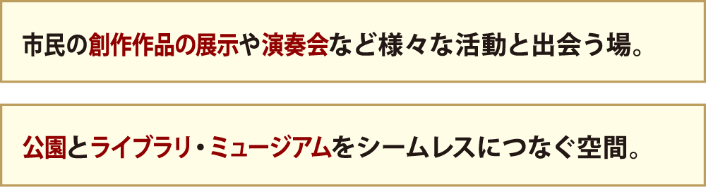 市民の創作作品の展示や演奏会など様々な活動と出会う場。