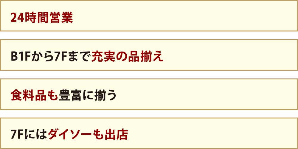 24時間営業 BF1から７Fまで充実の品揃え