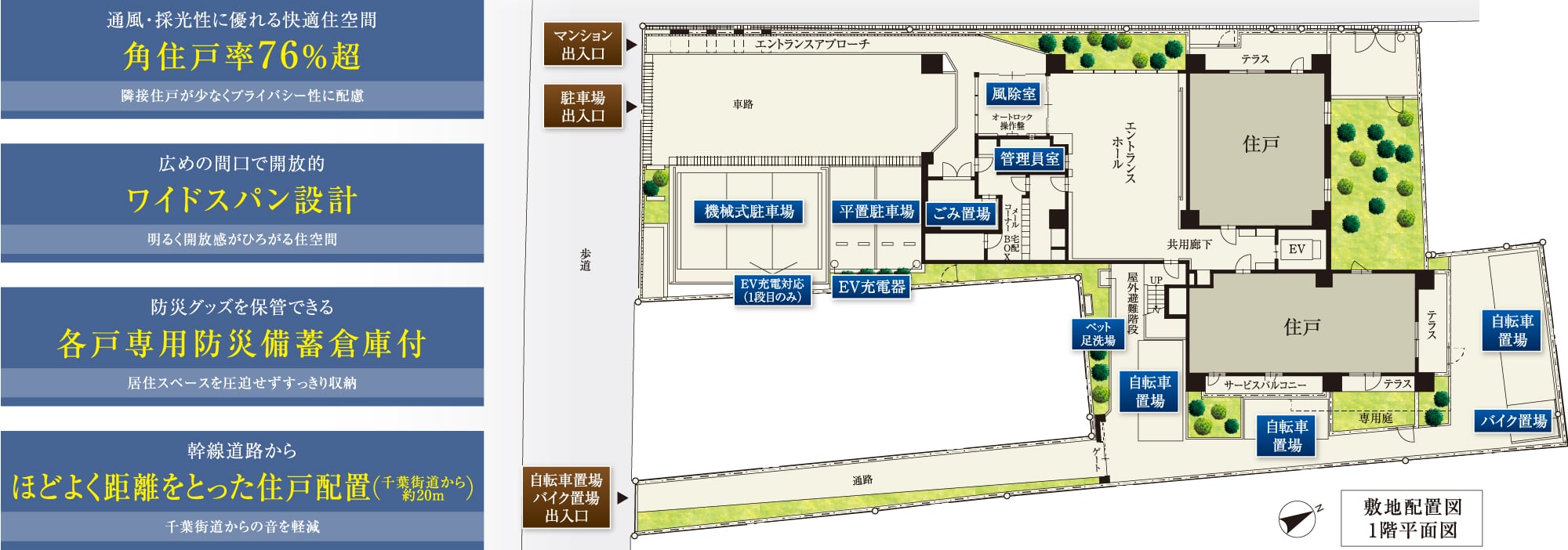 敷地配置図1階平面図　角住戸率76%超／ワイドスパン設計／角戸専用防災備蓄倉庫付／ほどよく距離をとった住戸配置