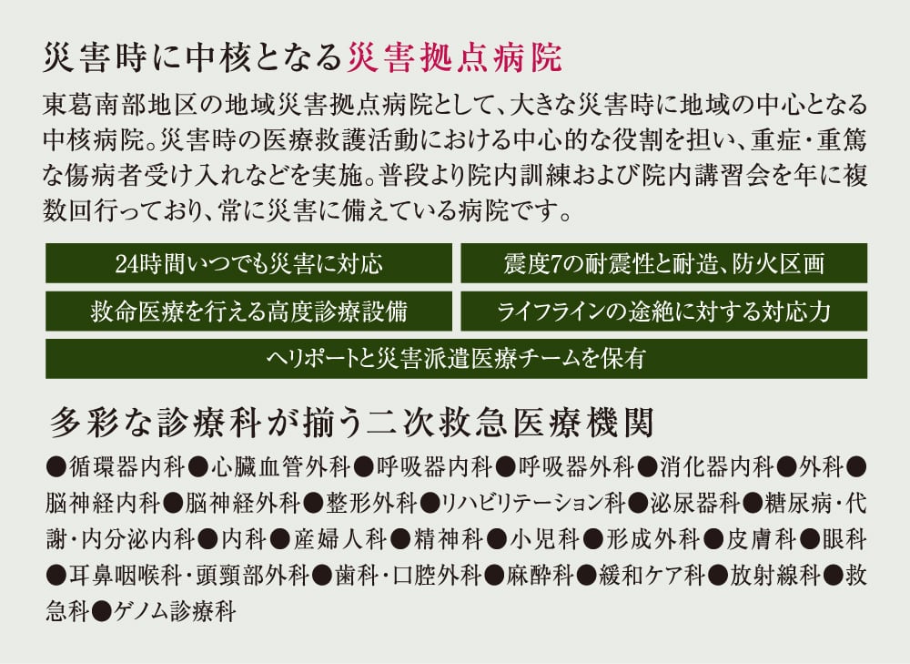 災害時に中核となる災害拠点病院　東葛南部地区の地域災害拠点病院として、大きな災害時に地域の中心となる中核病院。災害時の医療救護活動における中心的な役割を担い、重症・重篤な傷病者受け入れなどを実施。普段より院内訓練および院内講習会を年に複数回行っており、常に災害に備えている病院です。
