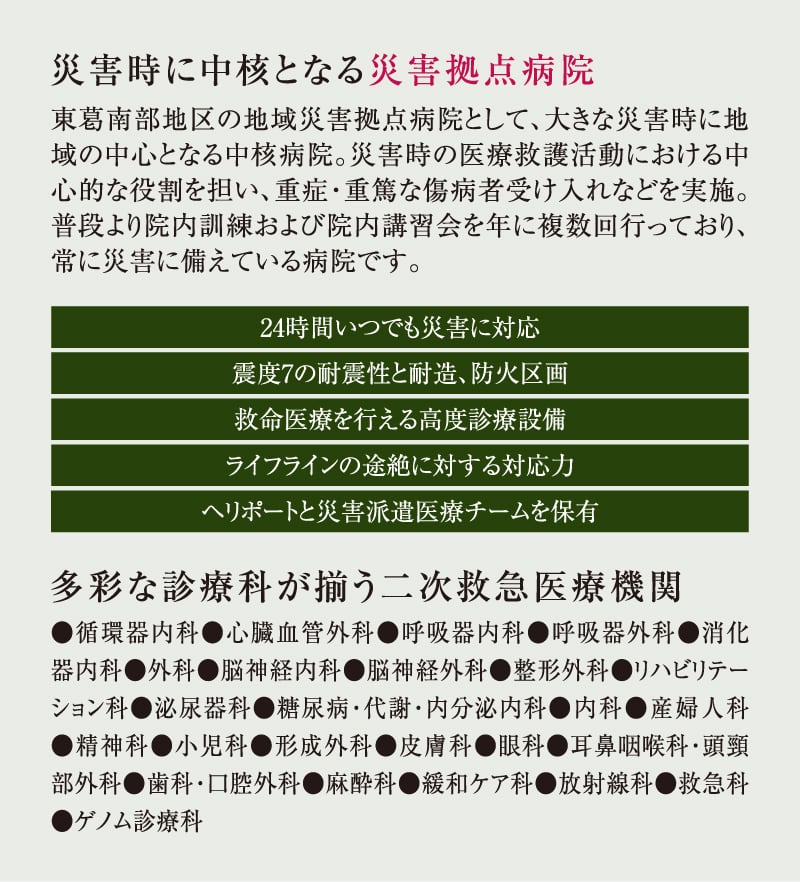 災害時に中核となる災害拠点病院　東葛南部地区の地域災害拠点病院として、大きな災害時に地域の中心となる中核病院。災害時の医療救護活動における中心的な役割を担い、重症・重篤な傷病者受け入れなどを実施。普段より院内訓練および院内講習会を年に複数回行っており、常に災害に備えている病院です。