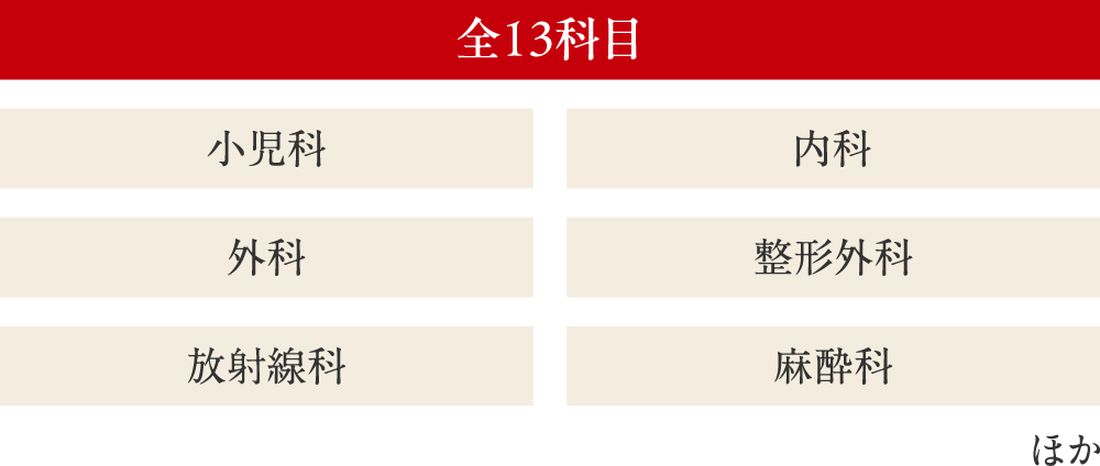 全13科目 救急科／内科／外科／整形外科／放射線科／麻酔科 ほか