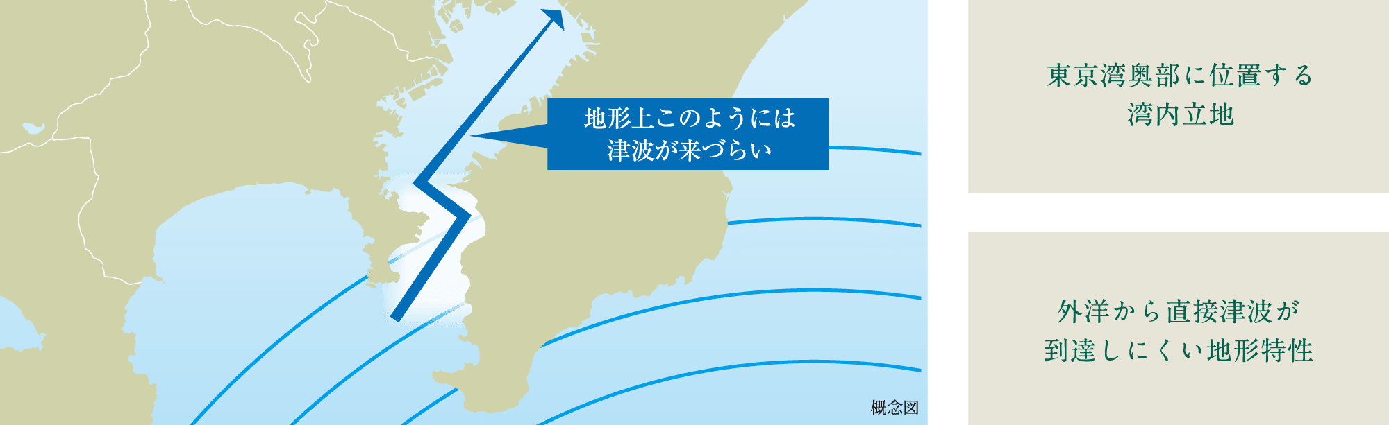 湾奥立地の特性と地形由来の津波の伝わりにくさ