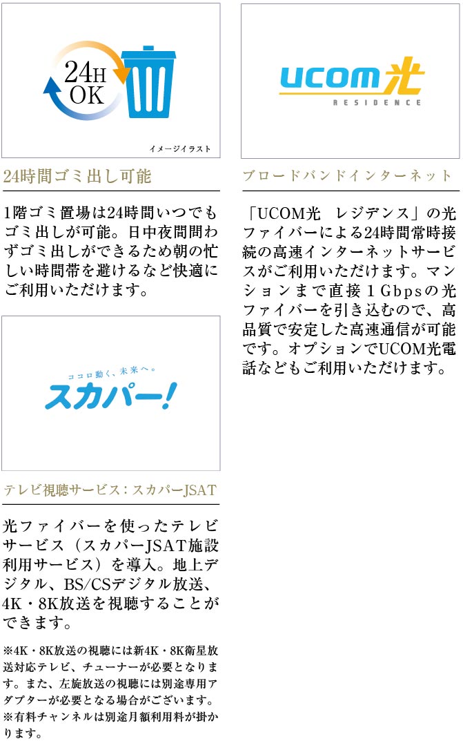 24時間ゴミ出し可能、ブロードバンドインターネット、スカパー