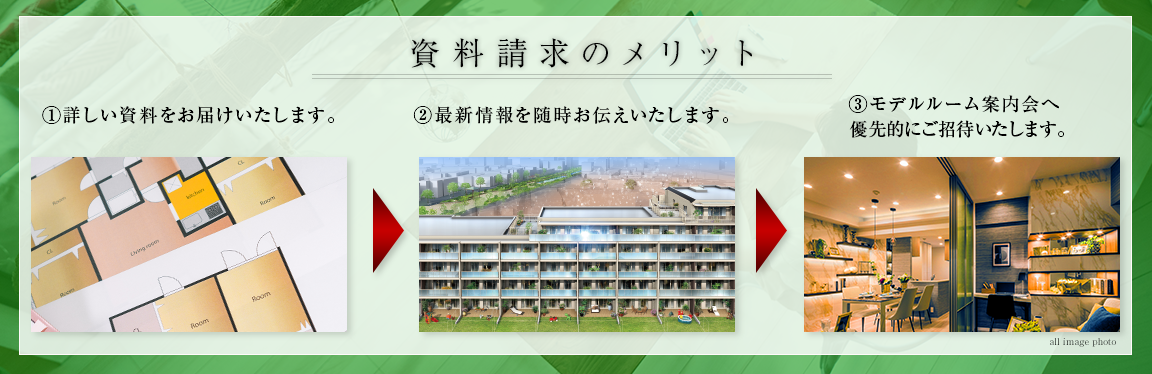 資料請求のメリット　①詳しい資料をお届けいたします。②最新情報を随時お伝えいたします。③モデルルーム事前案内会へ優先的にご招待いたします。