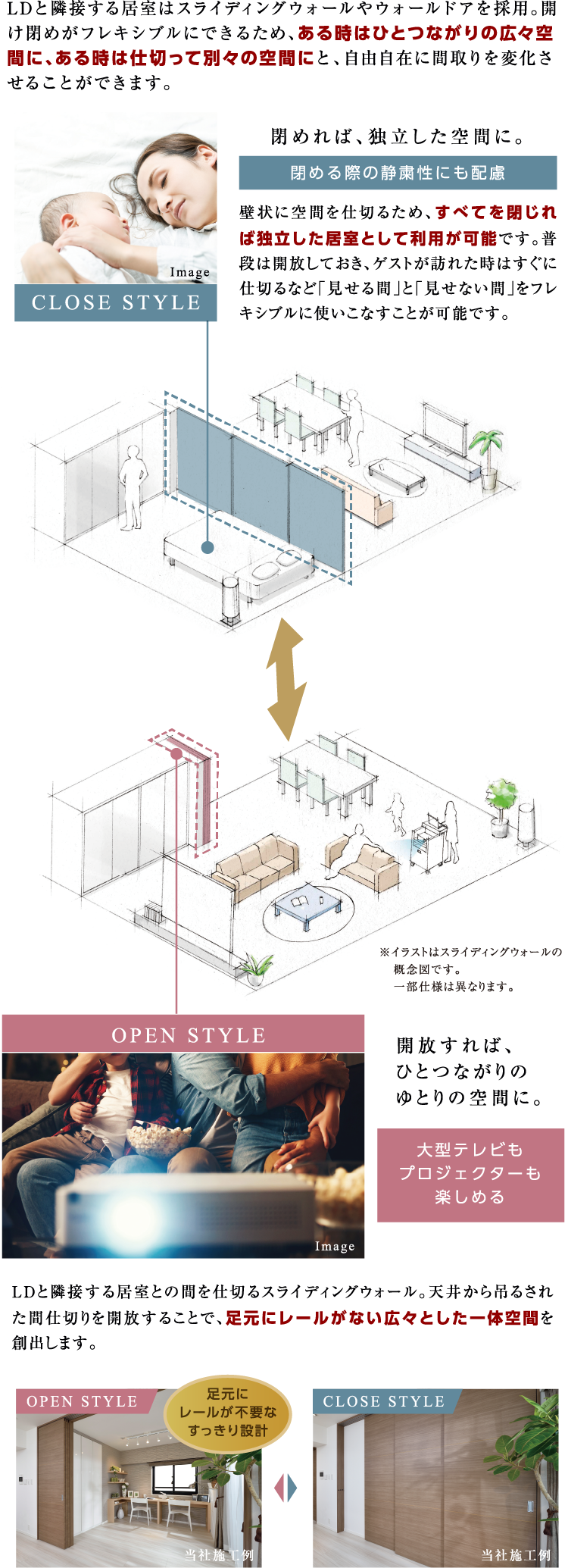 LDと隣接する居室はスライディングウォールやウォールドアを採用。開け閉めがフレキシブルにできるため、ある時はひとつながりの広々空間に、ある時は仕切って別々の空間にと、自由自在に間取りを変化させることができます。