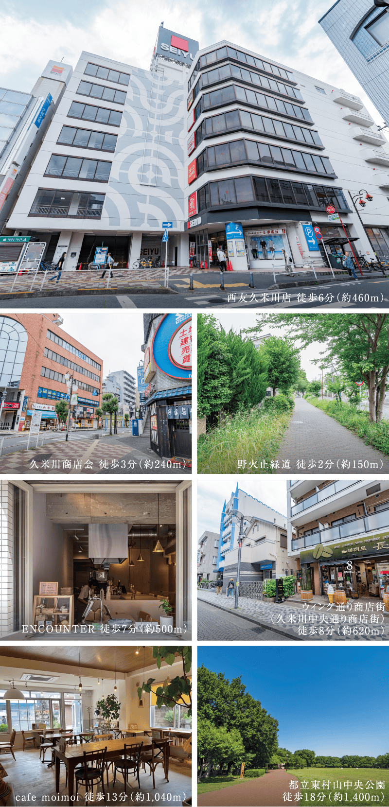 西友久米川店 徒歩6分（約460m）/久米川商店会 徒歩3分（約240m）/野火止緑道 徒歩2分（約150m）/ENCOUNTER 徒歩7分（約500m）/ウィング通り商店街（久米川中央通り商店街）
徒歩8分（約620m）/都立東村山中央公園 徒歩18分（約1,400m）/cafe moimoi 徒歩13分（約1,040m）