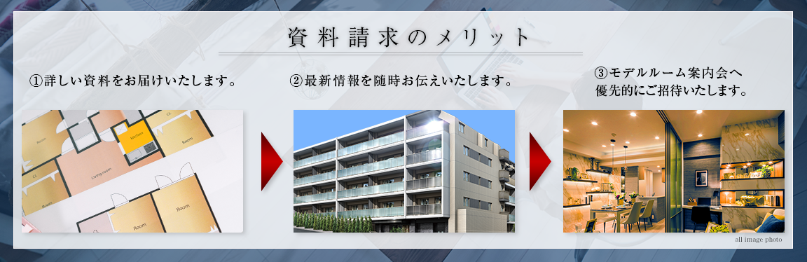 資料請求のメリット　①詳しい資料をお届けいたします。②最新情報を随時お伝えいたします。③モデルルーム事前案内会へ優先的にご招待いたします。