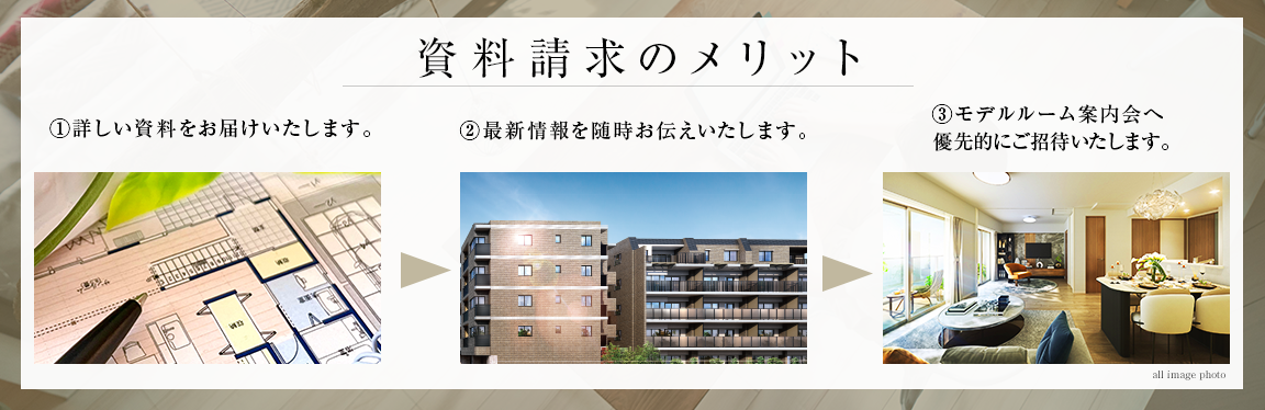 資料請求のメリット　①詳しい資料をお届けいたします。②最新情報を随時お伝えいたします。③モデルルーム事前案内会へ優先的にご招待いたします。