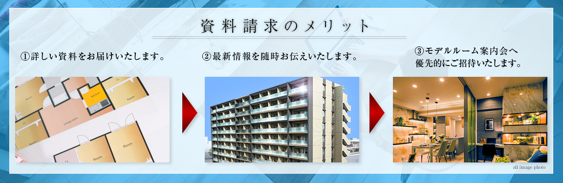 資料請求のメリット　①詳しい資料をお届けいたします。②最新情報を随時お伝えいたします。③モデルルーム事前案内会へ優先的にご招待いたします。