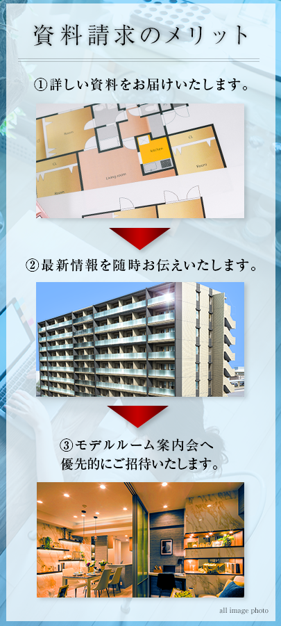 資料請求のメリット　①詳しい資料をお届けいたします。②最新情報を随時お伝えいたします。③モデルルーム事前案内会へ優先的にご招待いたします。